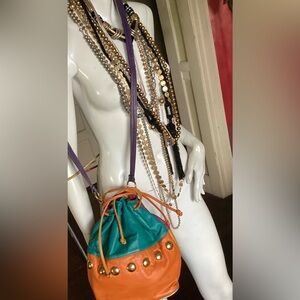Vintage bucket drawstring leather color block purse